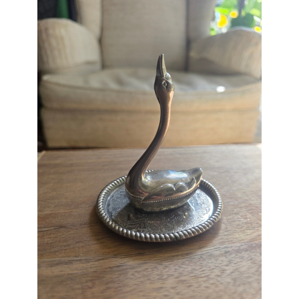 Vintage Silver Tone Swan Ring Holder Etched Floral Tray Jewelry Organizer